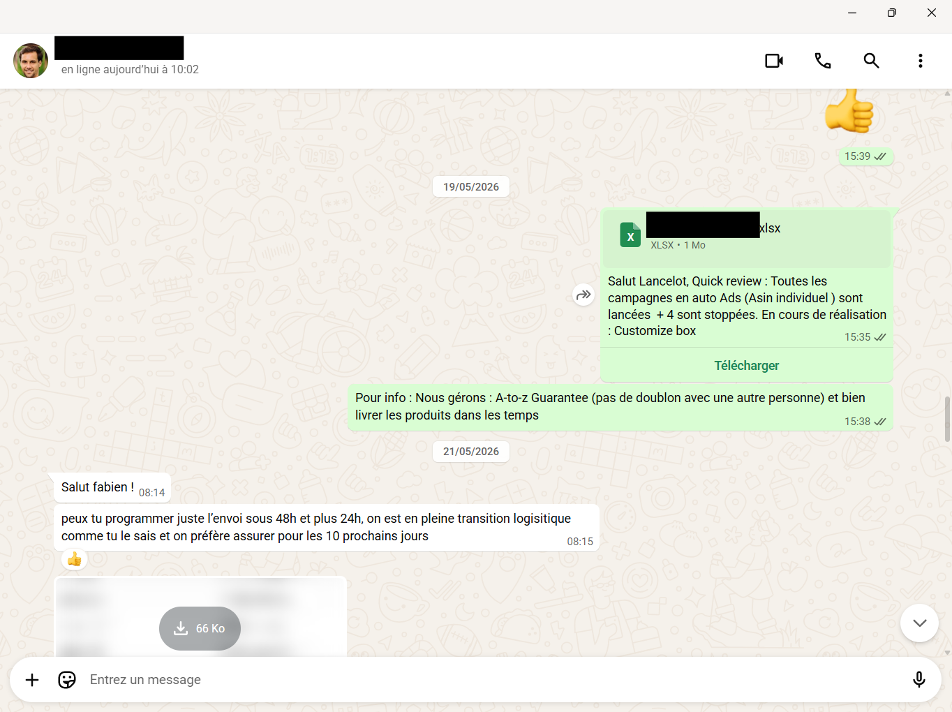 Real WhatsApp exchange with a client sharing a quick campaign review